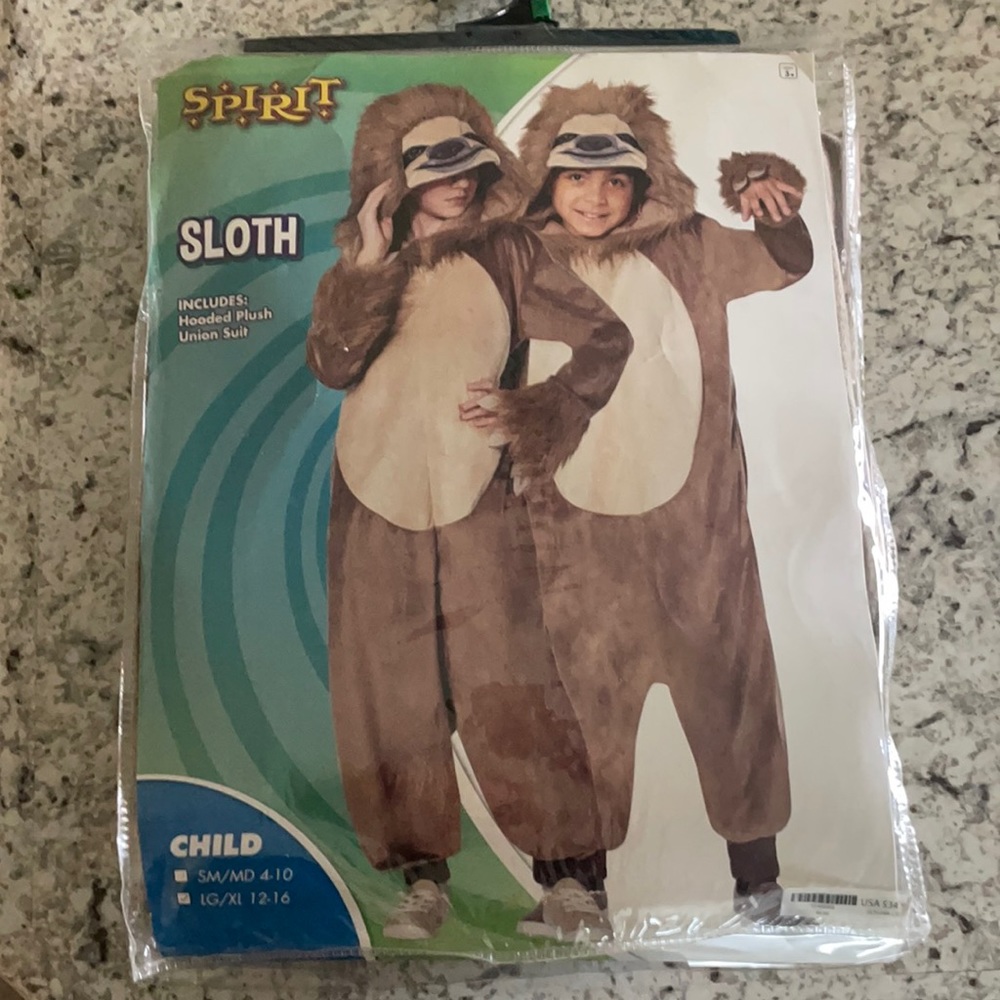 Sloth costume, new (worn once), original packaging. Kids size large/xl
